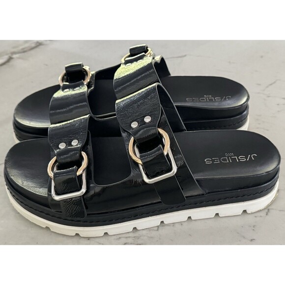J/Slides BAHA Black Naplak Patent Leather Women's Sandal SZ 10 - Picture 1 of 7